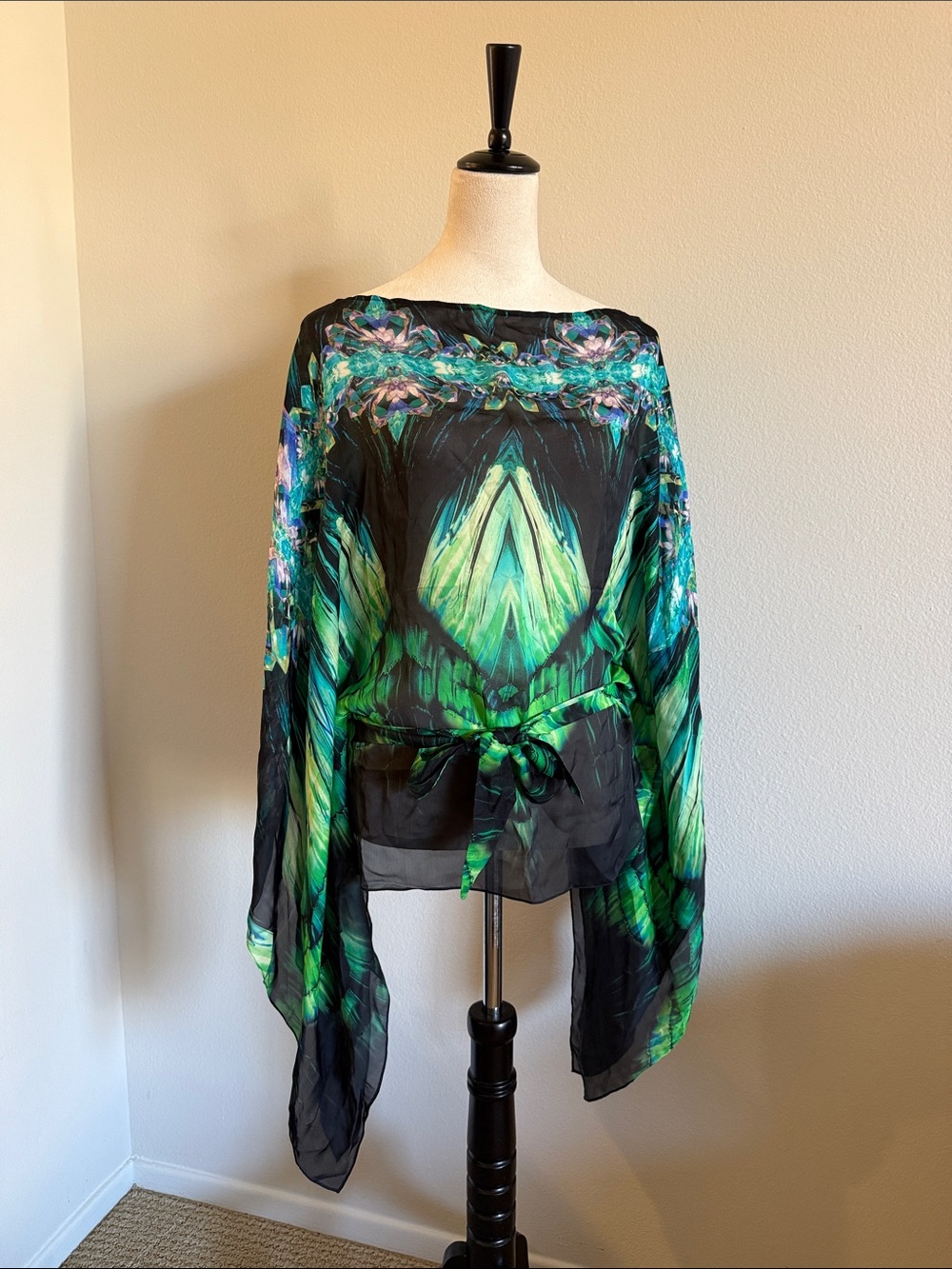 Roberto Cavalli Turquoise, Teal and Black Printed Silk Top